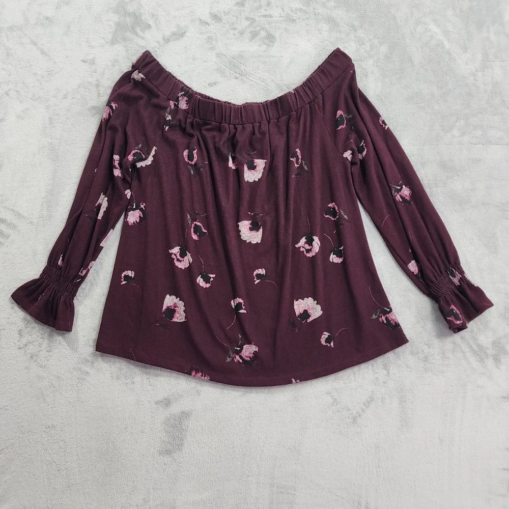 NEW Maurices Top Womens XL Purple Floral Off Shoulder Long Sleeve Peasant Casual